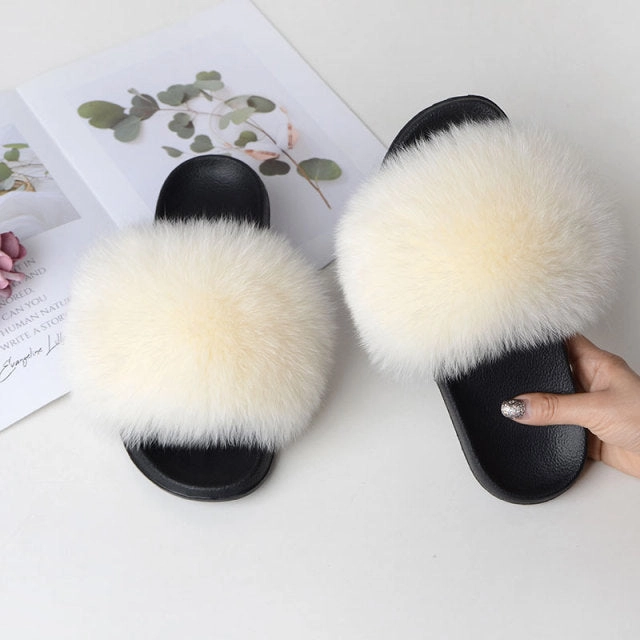 Knit Bootie Slippers Women Summer Casual Fluffy Slippers With Fur Flat Non-Slip Real Fox Fur Furry Slides Large Size Shoes Fur Sandals