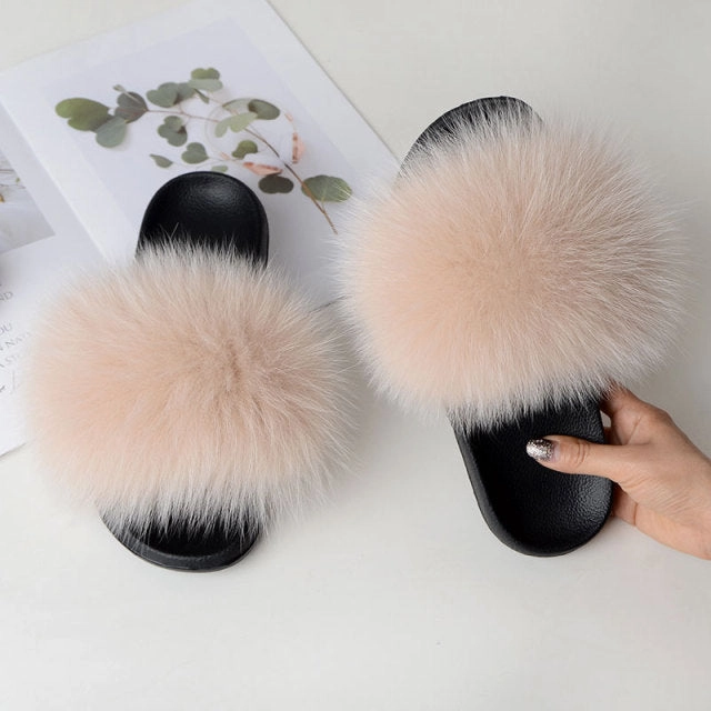 Women Summer Casual Fluffy Slippers With Fur Flat Non-Slip Real Fox Fur Furry Slides Large Size Shoes Fur Sandals Ruby Slippers Pictures