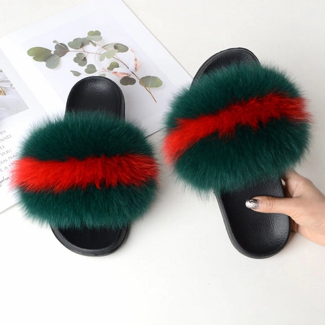 Women Summer Casual Fluffy Slippers With Fur Flat Non-Slip Real Fox Fur Furry Slides Large Size Shoes Fur Sandals Fold Up Ballet Slippers