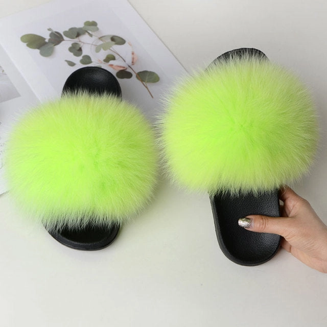 Women Summer Casual Fluffy Slippers With Fur Flat Non-Slip Real Fox Fur Furry Slides Large Size Shoes Fur Sandals Socks Slippers With Grips