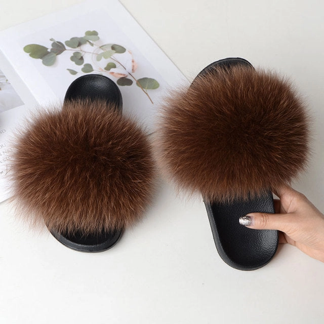 Spanish Word For Slippers Women Summer Casual Fluffy Slippers With Fur Flat Non-Slip Real Fox Fur Furry Slides Large Size Shoes Fur Sandals