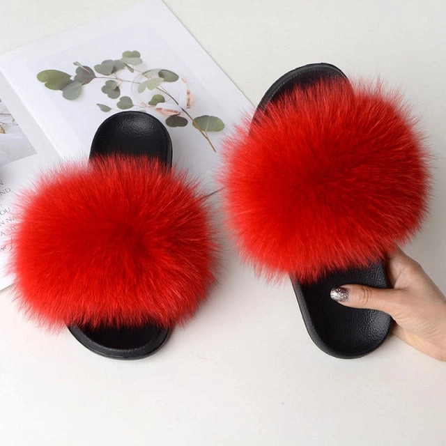 Slippers For Outdoor Women Summer Casual Fluffy Slippers With Fur Flat Non-Slip Real Fox Fur Furry Slides Large Size Shoes Fur Sandals