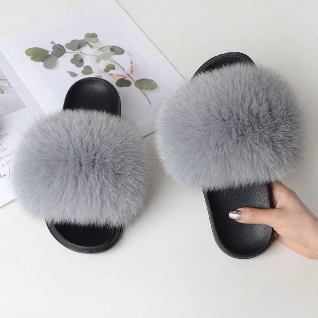Bear Slippers With Claws Women Summer Casual Fluffy Slippers With Fur Flat Non-Slip Real Fox Fur Furry Slides Large Size Shoes Fur Sandals