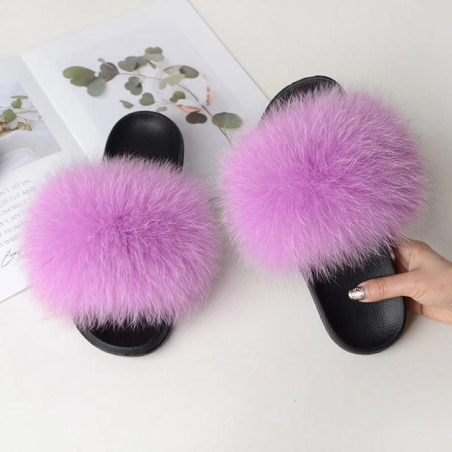 Felt Clog Slippers Women Summer Casual Fluffy Slippers With Fur Flat Non-Slip Real Fox Fur Furry Slides Large Size Shoes Fur Sandals