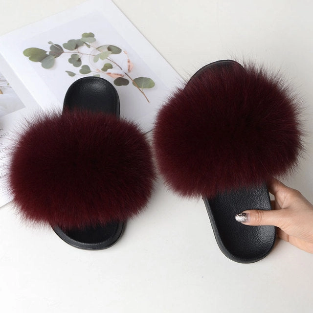 Ruby Slippers Smithsonian Women Summer Casual Fluffy Slippers With Fur Flat Non-Slip Real Fox Fur Furry Slides Large Size Shoes Fur Sandals