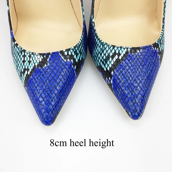 Knee High Heel Sandals Womens Blue Snake Printed High Heels 12cm/10cm/8cm Pointed Toe Pumps
