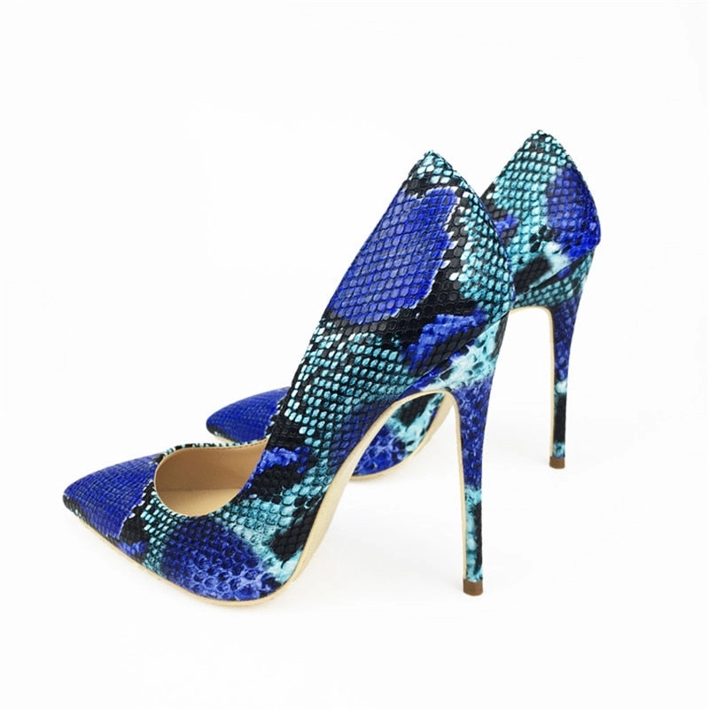 High Heel Arch Womens Blue Snake Printed High Heels 12cm/10cm/8cm Pointed Toe Pumps