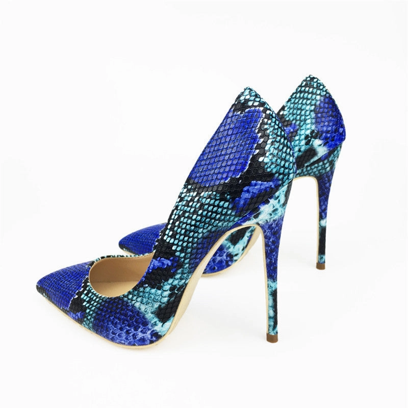 High Heel Shoes Sale Womens Blue Snake Printed High Heels 12cm/10cm/8cm Pointed Toe Pumps