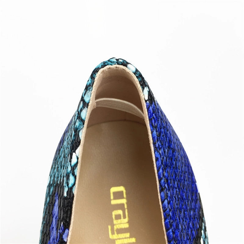 Punk Heel Shoes Womens Blue Snake Printed High Heels 12cm/10cm/8cm Pointed Toe Pumps