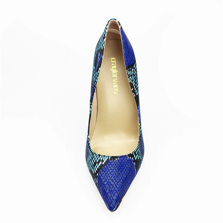 Type Of Heels Womens Blue Snake Printed High Heels 12cm/10cm/8cm Pointed Toe Pumps