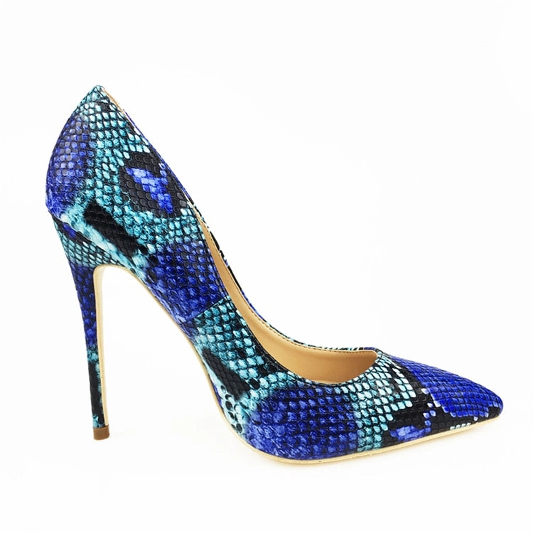 Pointed Toe High Heel Womens Blue Snake Printed High Heels 12cm/10cm/8cm Pointed Toe Pumps