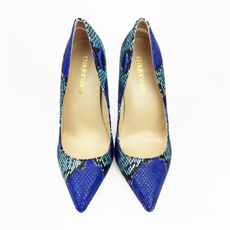 High Heels Saloon & Club Womens Blue Snake Printed High Heels 12cm/10cm/8cm Pointed Toe Pumps