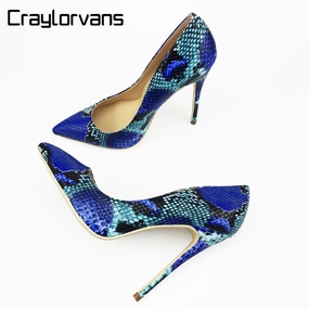Gold High Heels Wide Fit Womens Blue Snake Printed High Heels 12cm/10cm/8cm Pointed Toe Pumps