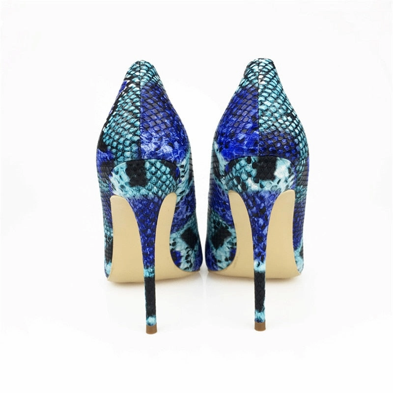High Heels And Health Womens Blue Snake Printed High Heels 12cm/10cm/8cm Pointed Toe Pumps