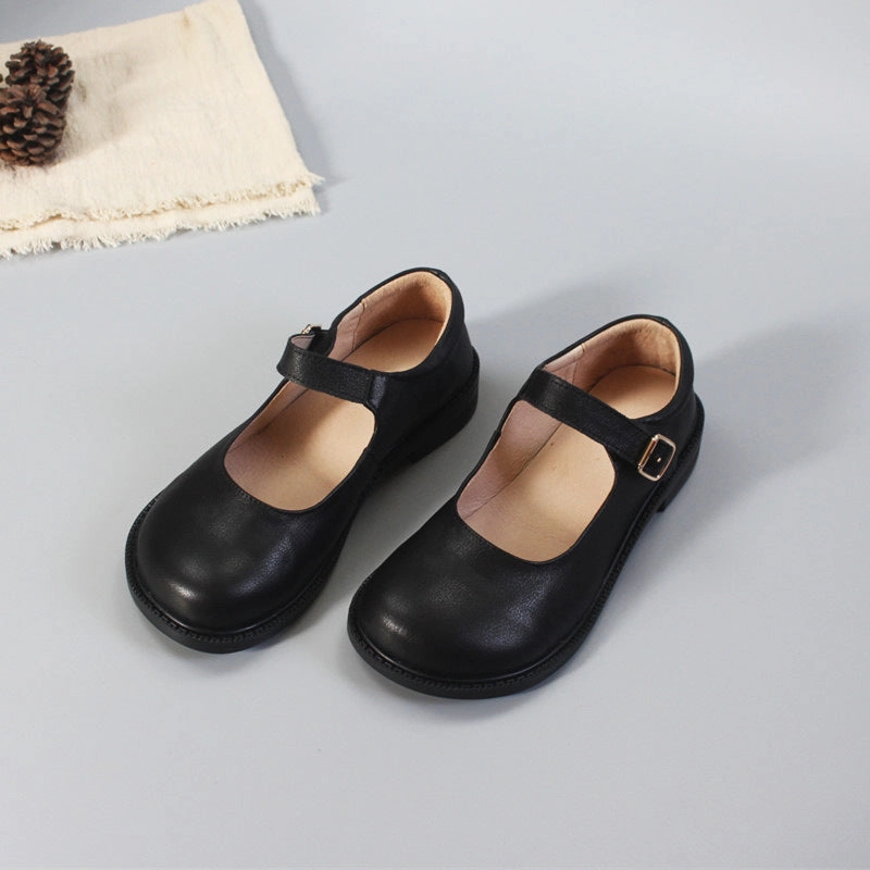 Womens Leather Mary Jane Flats Wide Toe Box Shoes Low Wedge Ankle Strap Flats Shoes