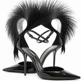        High Quality Women's Fur, Feather and Diamond Shoes 7 Inch High Heels No Platform