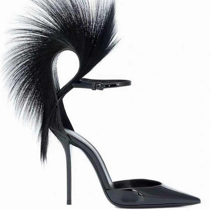        High Quality Women's Fur, Feather and Diamond Shoes High Heels Stretch
